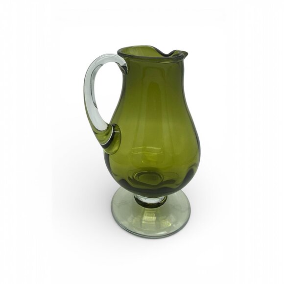 Source Unknown Other - Vintage Avocado Green Art Glass Pitcher Pedestal Base Applied Handle MCM